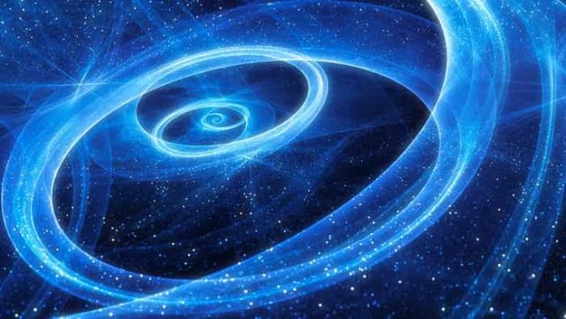 Μπλε λαμπερό σπειροειδή γαλαξία με αστέρια και τροχιές