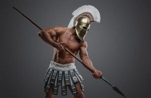 Τα Αρχαία Ελληνικά Ονόματα των Αραουκανών της Χιλής ημίγυμνος Σπαρτιάτης με περικεφαλαία, κρατάει δόρυ σε θέση μάχης