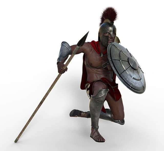 αρχαίος πολεμιστής με ασπίδα, ακόντιο και περικεφαλαία