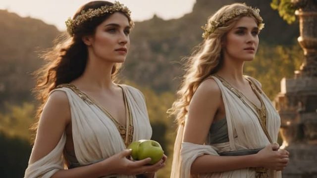 δύο αρχαίες Ελληνίδες κρατούν μήλα