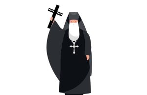 Ο αφορισμός της Επανάστασης του 1821 από την Εκκλησία σκίτσο παπά με σηκωμένο χέρι που κρατά σταυρό