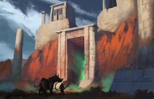 Ναός του Δία και Σολομώντα. Ένα Πείραμα Σκέψης καβαλάρης μπροστά σε τεράστια πύλη από Ναός του Σολομώντα ή του Δία