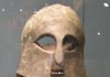 Greek Corinthian-style helmet and the skull reportedly found inside it – From the battlefield of Marathon – Royal Ontario Museum – Toronto – photo by Keith Schengili-Roberts