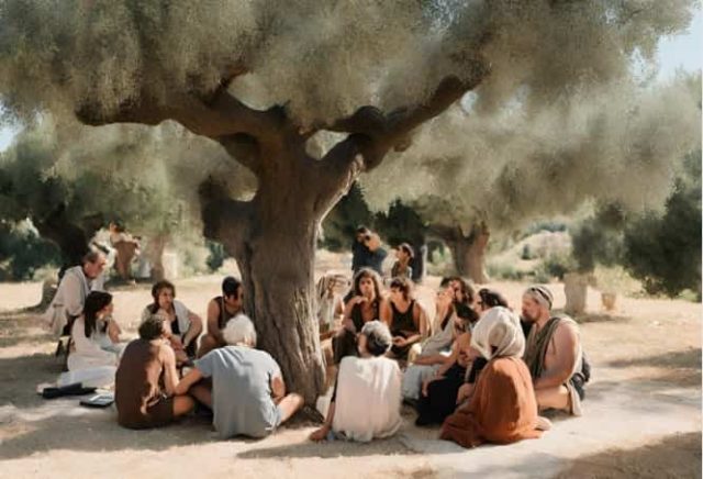 αρχαίοι έλληνες κάθονται κάτω από ένα δέντρο