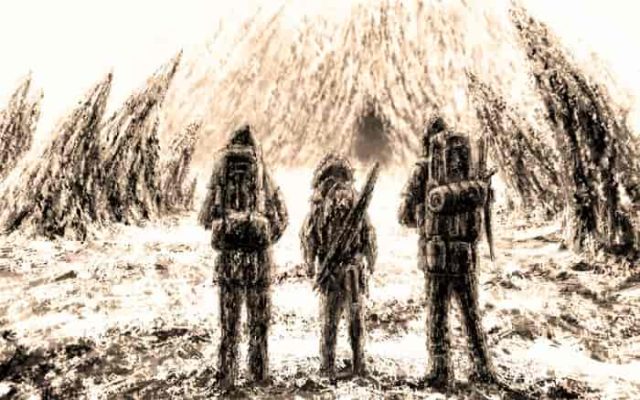 Τρεις άνδρες στέκεται στην είσοδο σπηλαίου
