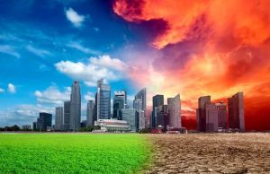 Κλιματικός Πόλεμος. Συμφέροντα και Συνέπειες μισή εικόνα με νορμάλ συνθήκες και μισή με καύσωνα και ξηρασία. Υποθετικές συνθήκες αν θα γινόταν ένας κλιματικός πόλεμος