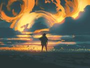 Αρχέγονη Μυθιστορία : Η Εποχή του Θεού Ουρανού και της Γαίας Ενας άνθρωπος στέκεται σε ένα χωράφι με λουλούδια απέναντι σε ένα φλεγόμενο ουρανό