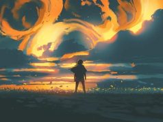 Αρχέγονη Μυθιστορία : Η Εποχή του Θεού Ουρανού και της Γαίας Ενας άνθρωπος στέκεται σε ένα χωράφι με λουλούδια απέναντι σε ένα φλεγόμενο ουρανό