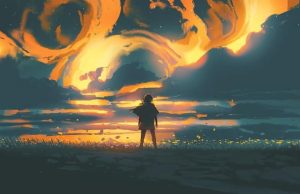 Αρχέγονη Μυθιστορία : Η Εποχή του Θεού Ουρανού και της Γαίας Ενας άνθρωπος στέκεται σε ένα χωράφι με λουλούδια απέναντι σε ένα φλεγόμενο ουρανό