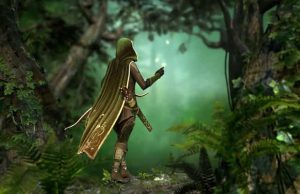 Οι Μαχητές του Φωτός και τα Σημάδια τους Ένας από του Μαχητές του Φωτός, στο δάσος, μα μανδύα, βέλη και τόξο.