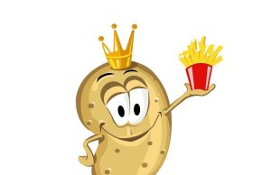 Ανέκδοτο. Βάζει η δασκάλα εργασία για το σπίτι γελοιογραφία χαρούμενης πατάτας με στέμμα που κρατάει τηγανητές πατάτες