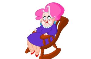 Ανέκδοτο. Ένα ζευγάρι πάει σε ένα ορεινό χωριό γελοιογραφία, γριά κυρία κάθεται σε μία κουνιστή πολυθρόνα