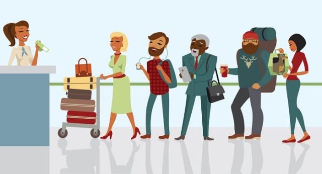 Οι επιβάτες που περιμένουν να το check-in στο αεροδρόμιο
