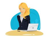 Εκπαιδευτικό Ανέκδοτο: Η Εκδίκηση της Ξανθιάς ξανθιά κάθεται στο γραφείο με ανοιχτό λαπτοπ