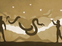 Κήπος της Εδέμ. Η ανείπωτη αλήθεια του Κήπος της Εδέμ. Άντρας γυναικα και στη μέση ένα πελώριο φίδι