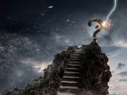 Η αναζήτηση της αλήθειας βράχος με σκάλες που οδηγούν στην κορυφή ενός πέτρινου ερωτηματικού που το χτυπάει κεραυνός