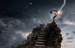 Η αναζήτηση της αλήθειας βράχος με σκάλες που οδηγούν στην κορυφή ενός πέτρινου ερωτηματικού που το χτυπάει κεραυνός