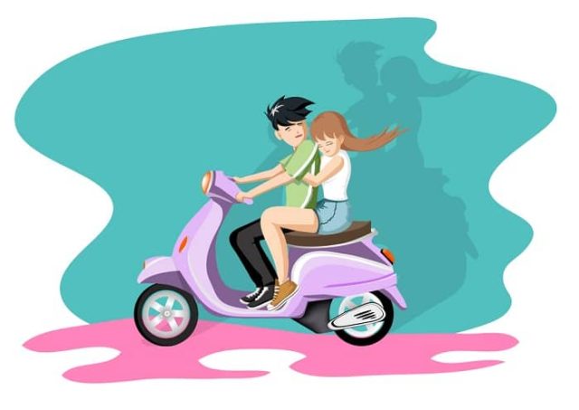 Νεαρό ευτυχισμένο ζευγάρι ερωτευμένο με σκούτερ