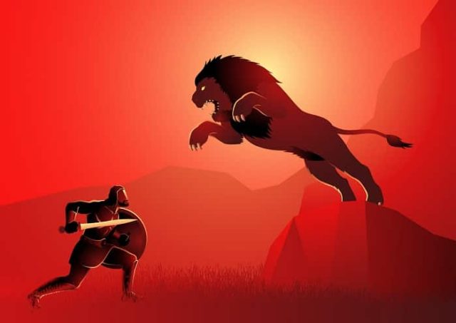 Ο Ηρακλής και το λιοντάρι της Νεμέας σε κόκκινο φόντο