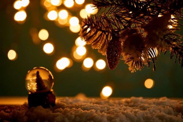 Μικρή χιονόμπαλα με χριστουγεννιάτικο δέντρο στέκεται στο χριστουγεννιάτικο δέντρο