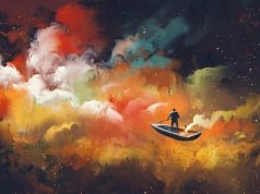 Ο Δημιουργός του Σύμπαντος και των Ανθρώπων άνθρωπος σε βάρκα ανάμεσα σε νεφελώματα αναζητά αν υπάρχει Δημιουργός του Σύμπαντος