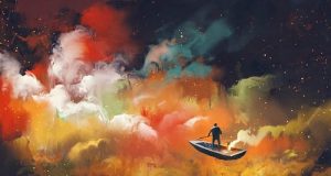 Ο Δημιουργός του Σύμπαντος και των Ανθρώπων άνθρωπος σε βάρκα ανάμεσα σε νεφελώματα αναζητά αν υπάρχει Δημιουργός του Σύμπαντος