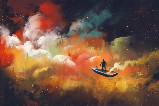 άνθρωπος σε βάρκα ανάμεσα σε νεφελώματα αναζητά αν υπάρχει Δημιουργός του Σύμπαντος